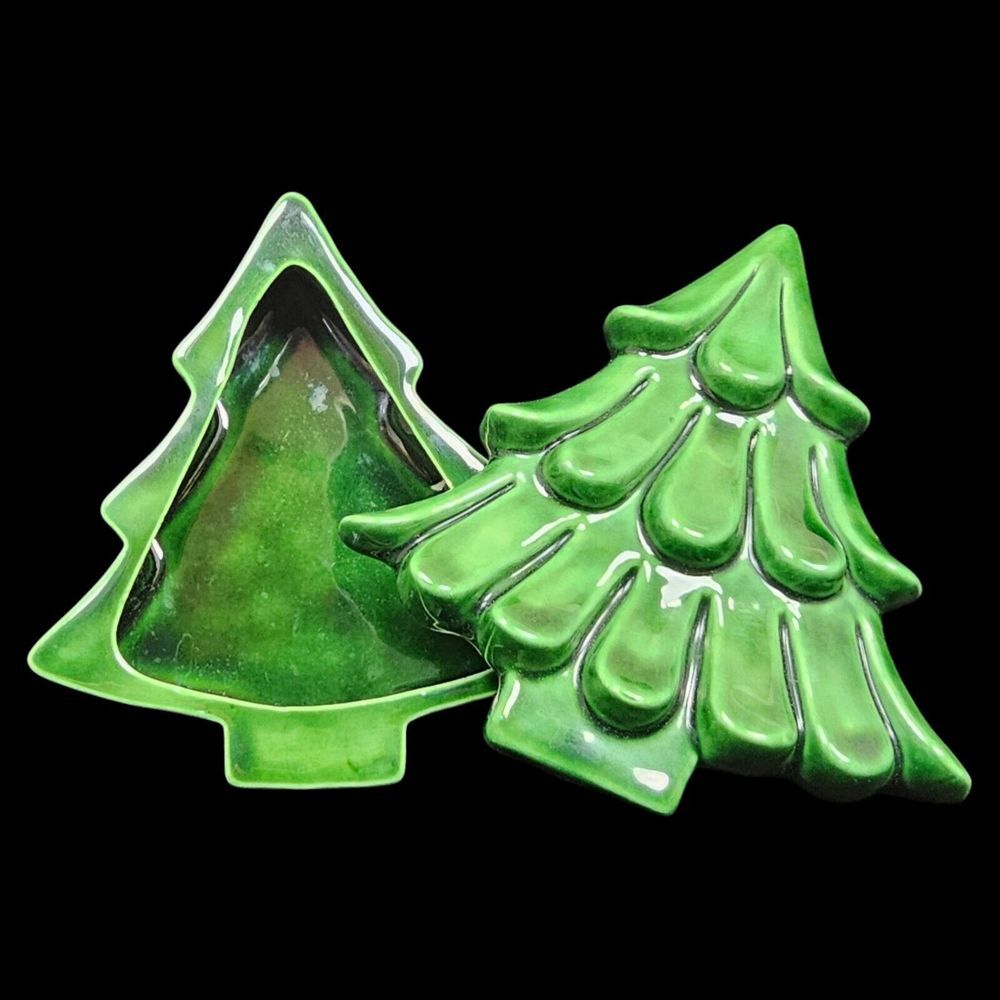 Vintage 80s Ceramic Christmas Tree Trinket Box Holiday Decor Lid and Bottom - Picture 2 of 10